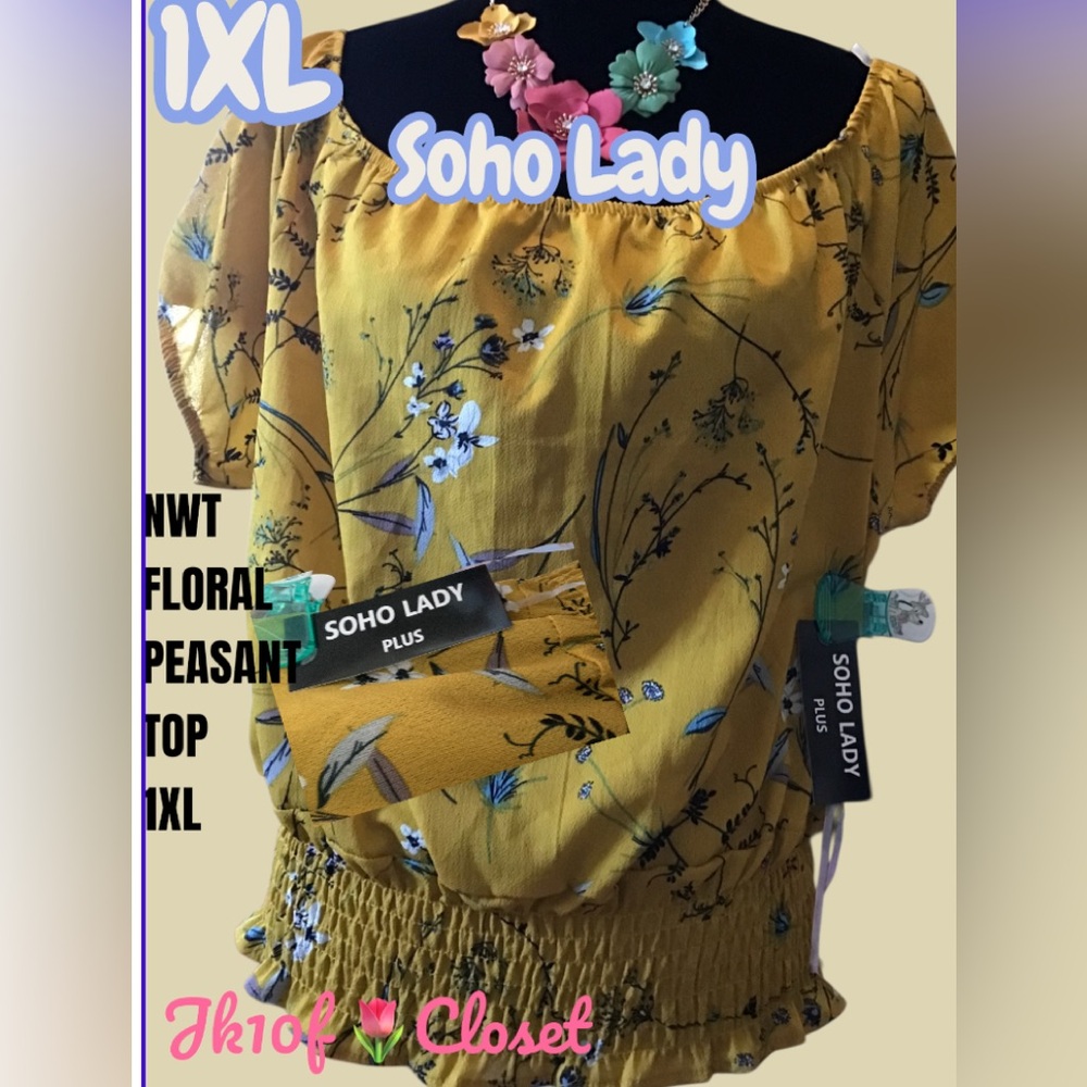 LOWEST🌺 NWT Soho Lady 1XL Plus Mustard Floral Peasant Blouse